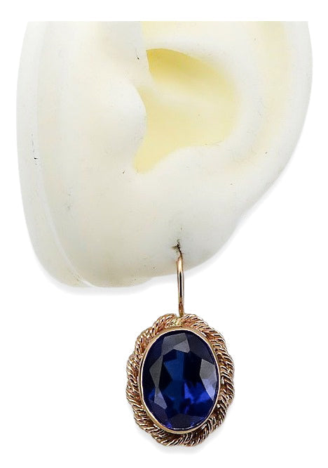 Vintage Sapphire Earrings in 14K Rose Gold (vec007r-sp) — worn on the neckline, showing the drape