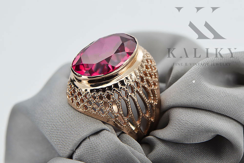 Vintage Ruby Ring in Rose Gold-Plated Sterling Silver (vrc089rp-rb) — worn on the hand, showing profile