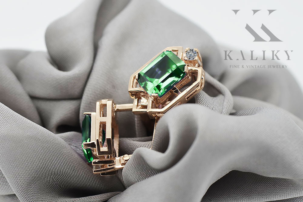 Vintage Emerald Diamonds Craft Earrings in 14K Rose Gold (vec020r-em) — close-up of the hallmark on the inner band