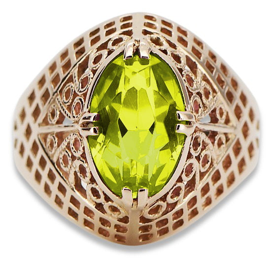 Vintage Yellow Peridot Ring in 14K Rose Gold (vrc030r-yp) — worn on the neckline, showing the drape