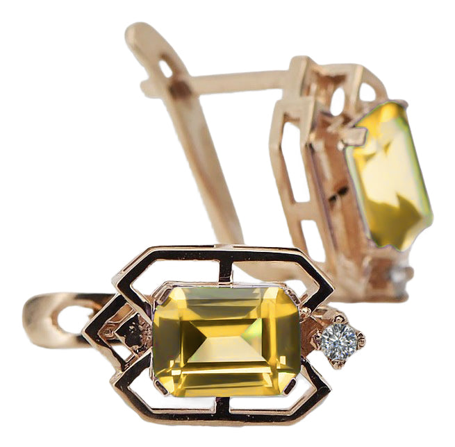 Vintage Yellow Peridot Diamonds Craft Earrings in 14K Rose Gold (vec020r-yp) — full view of the piece