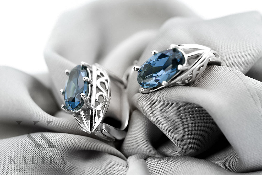 Vintage Aquamarine Earrings in Sterling Silver (vec141s-aq) — worn on the neckline, showing the drape