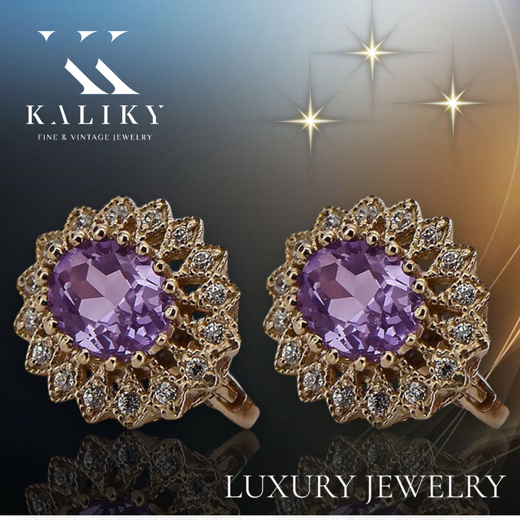 Vintage Amethyst Earrings in 14K Rose Gold (vec125r-am) — full view of the piece