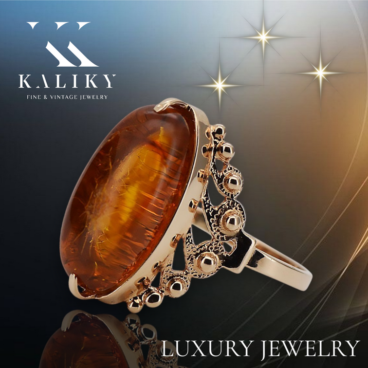 Vintage Amber Ring in 14K Rose Gold (vrab037)