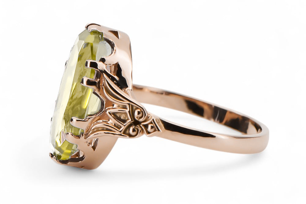 Vintage Yellow Peridot Ring in 14K Rose Gold (vrc058r-yp) — worn on the hand, showing profile