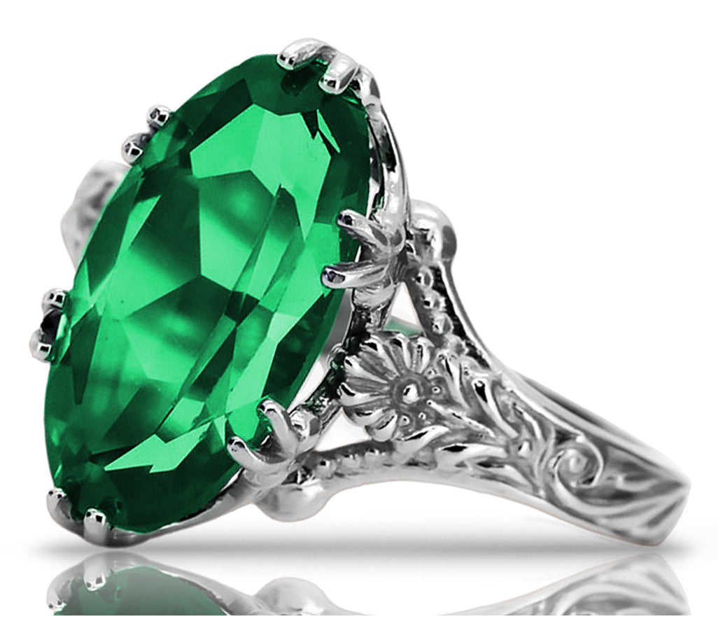 Vintage Emerald Oval Polish Ring in Sterling Silver (vrc084s-em) — side view showing the setting