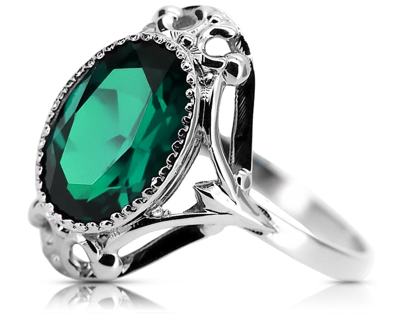 Vintage Emerald Craft Ring in Sterling Silver (vrc128s-em) — worn on the neckline, showing the drape