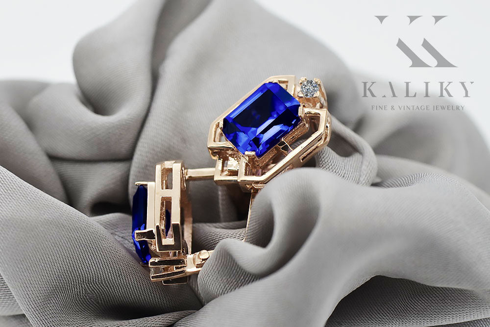 Vintage Sapphire Diamonds Craft Earrings in 14K Rose Gold (vec020r-sp) — side view showing the setting