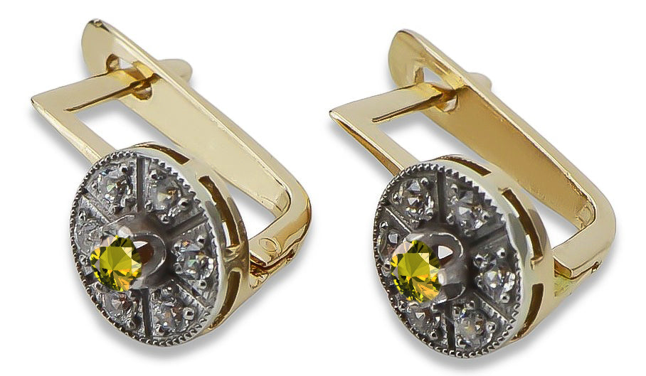 Vintage Yellow Peridot Earrings in 14K Yellow & White Gold (vec161yw-yp) — worn on the hand, showing profile
