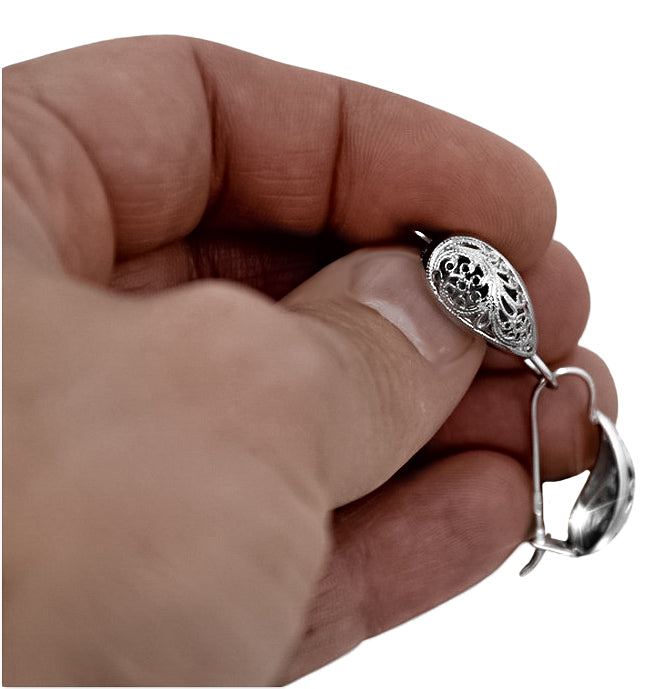 Vintage Earrings in Sterling Silver (ven023s) — worn on the neckline, showing the drape