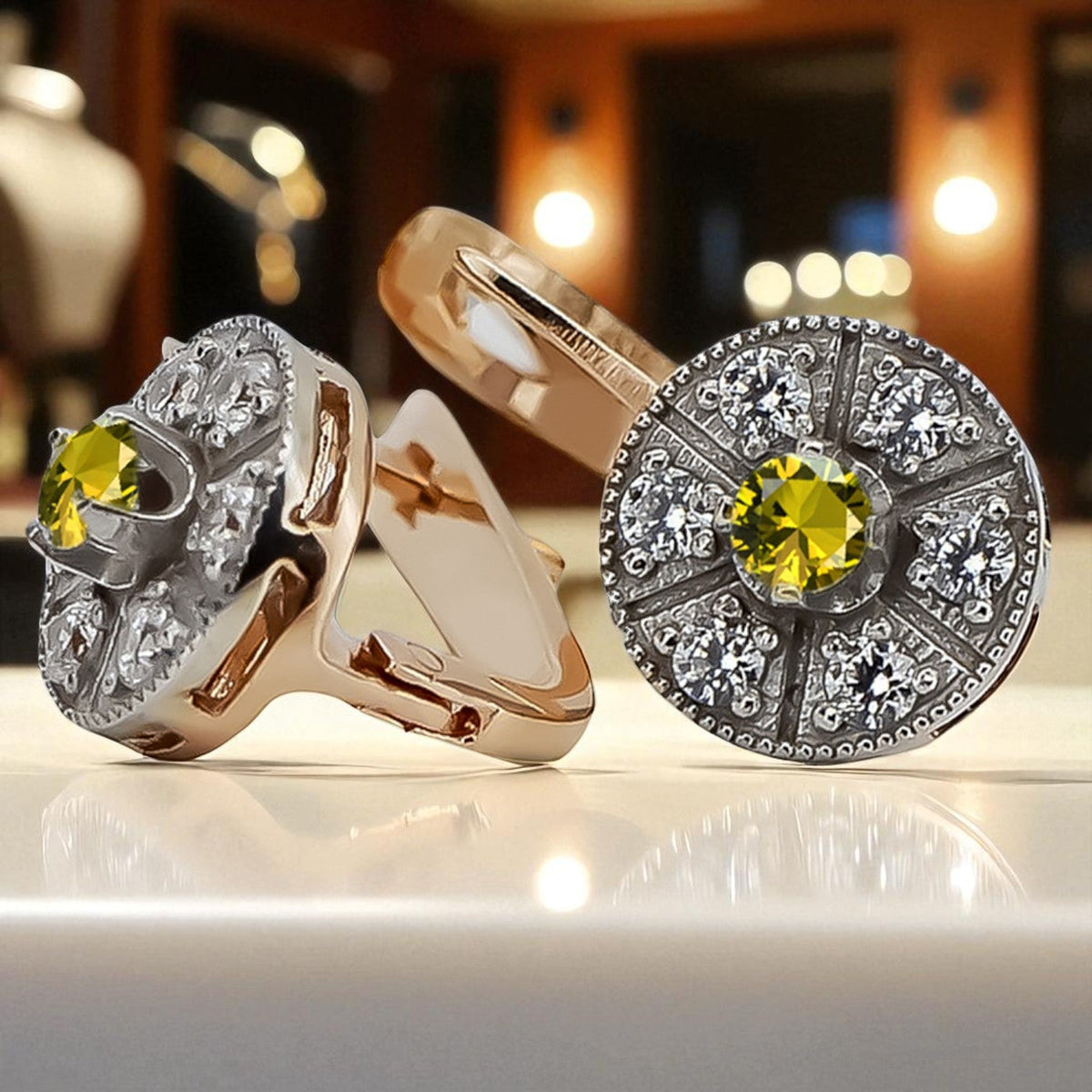 Vintage Yellow Peridot Earrings in 14K Rose & White Gold (vec161rw-yp)