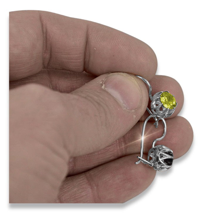 Vintage Yellow Peridot Earrings in Sterling Silver (vec062s-yp) — worn on the hand, showing profile