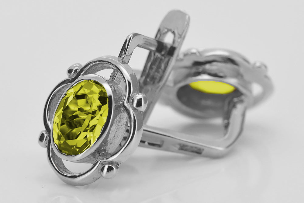 Vintage Yellow Peridot Earrings in Sterling Silver (vec033s-yp) — worn on the neckline, showing the drape