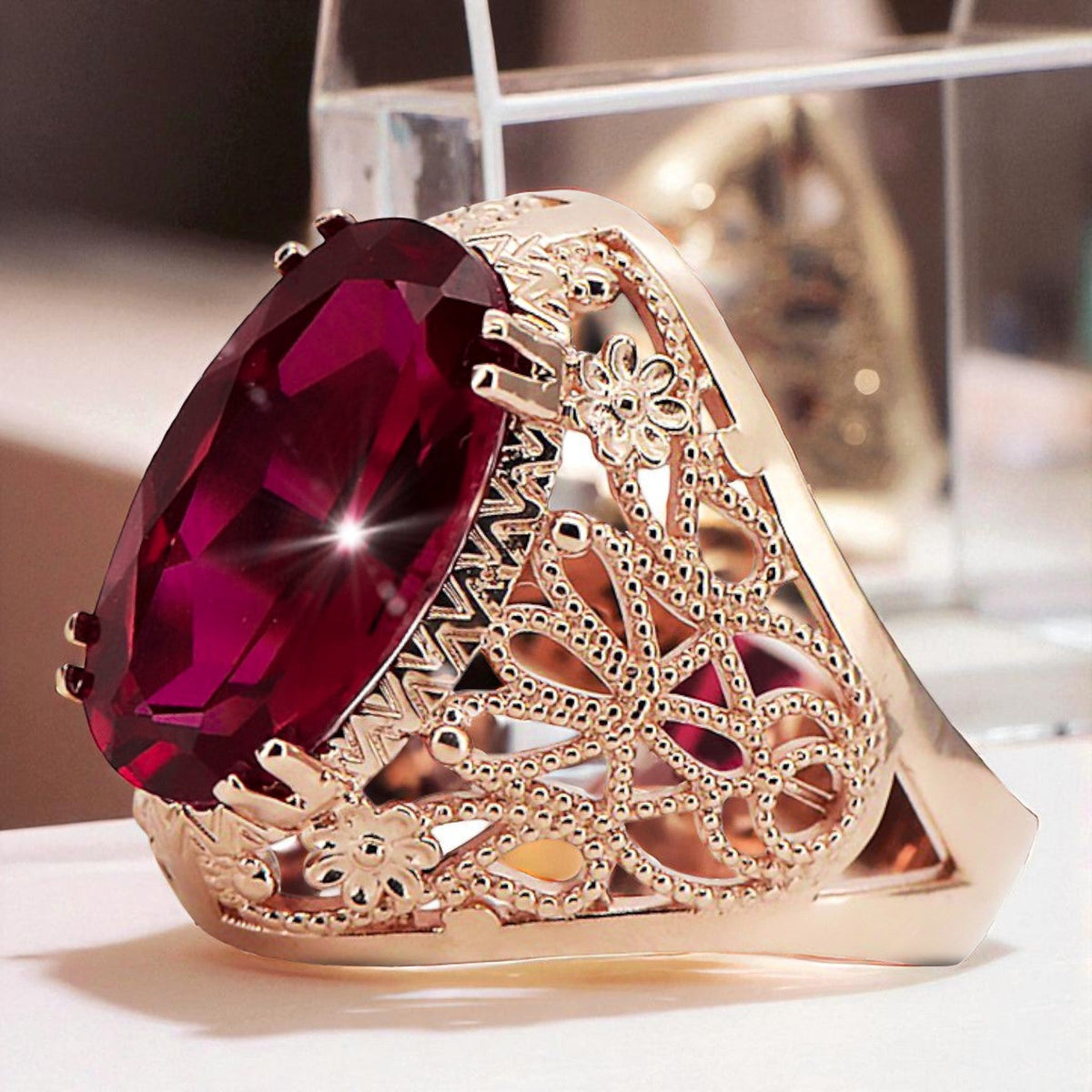 Vintage Ruby Ring in 14K Rose Gold (vrc074r-rb)