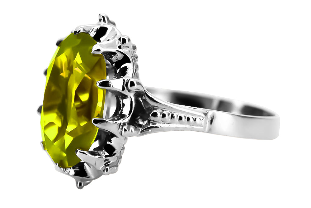 Vintage Yellow Peridot Ring in Sterling Silver (vrc079s-yp) — side view showing the setting