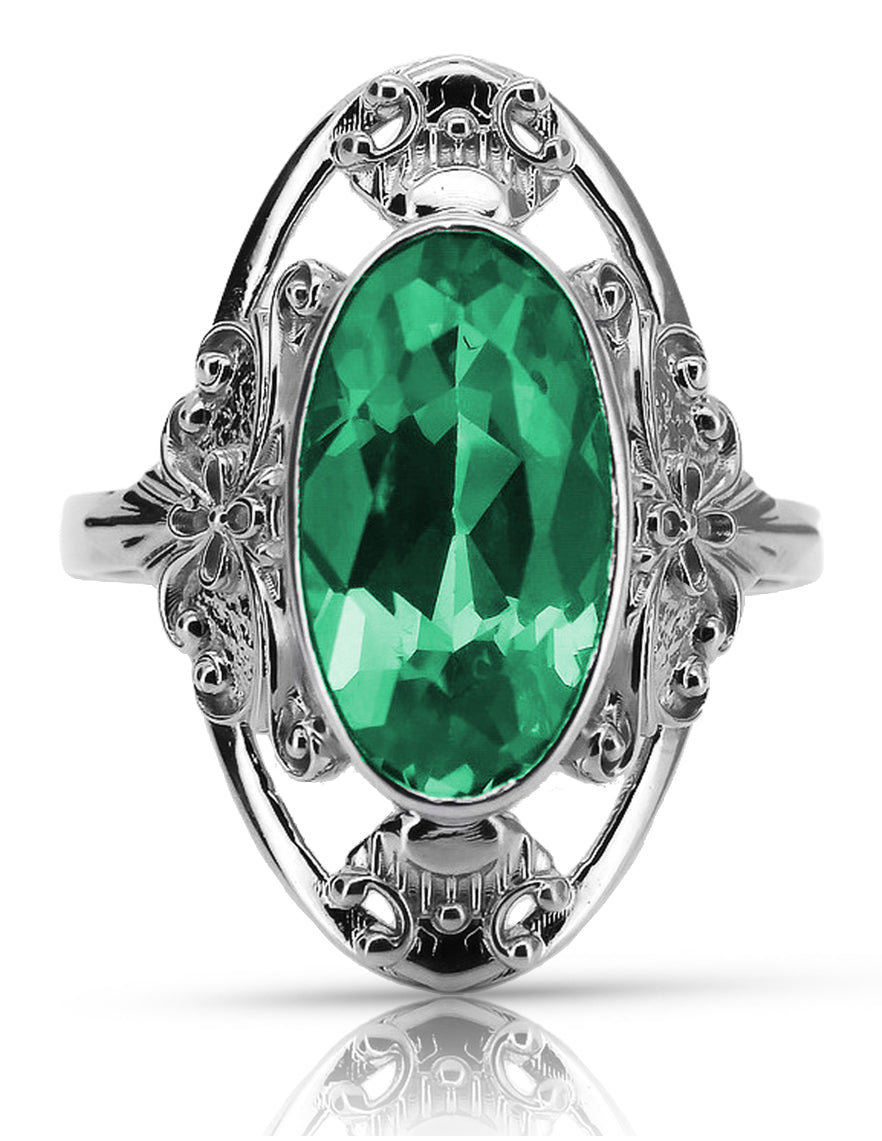 Vintage Emerald Ring in Sterling Silver (vrc014s-em) — close-up of the stone and setting