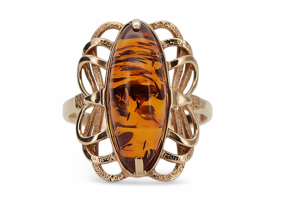 Vintage Amber Ring in 14K Rose Gold (vrab019) — close-up of the hallmark on the inner band