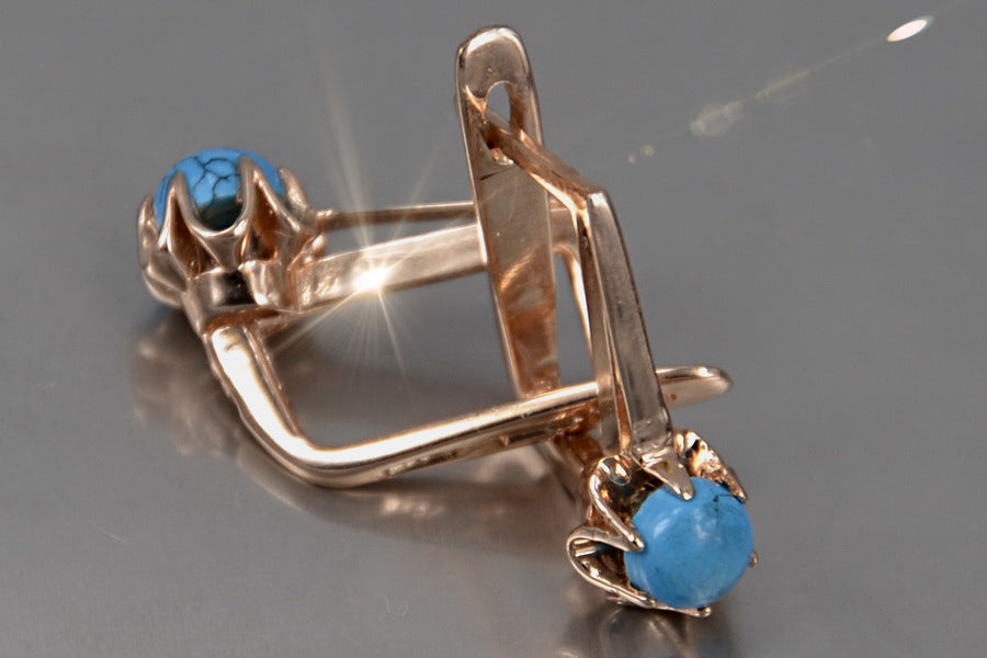 Vintage Turquoise Earrings in 14K Rose Gold (vetq200) — full view of the piece