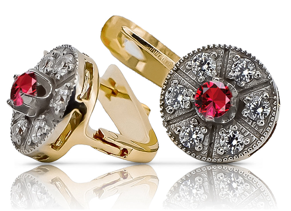 Vintage Ruby Earrings in 14K Yellow & White Gold (vec161yw-rb) — back view with the clasp