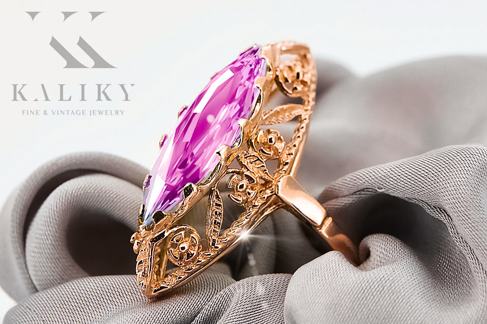 Vintage Amethyst Ring in 14K Rose Gold (vrc005r-am) — worn on the neckline, showing the drape