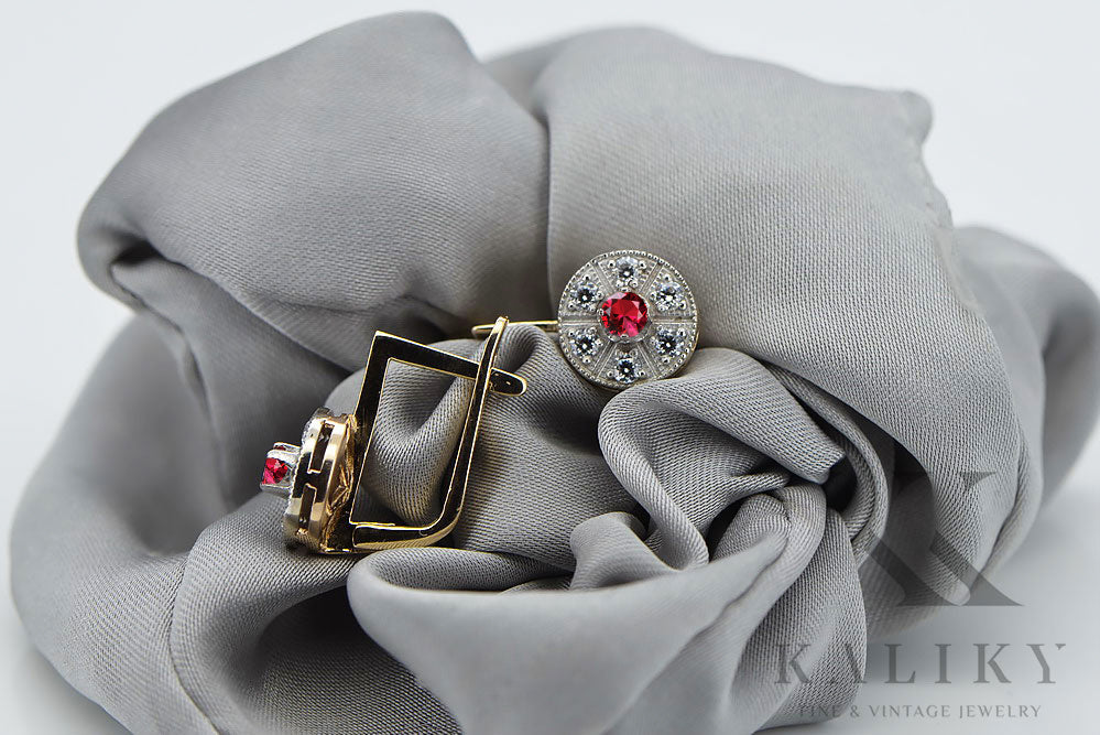 Vintage Ruby Earrings in 14K Yellow & White Gold (vec161yw-rb) — worn on the neckline, showing the drape