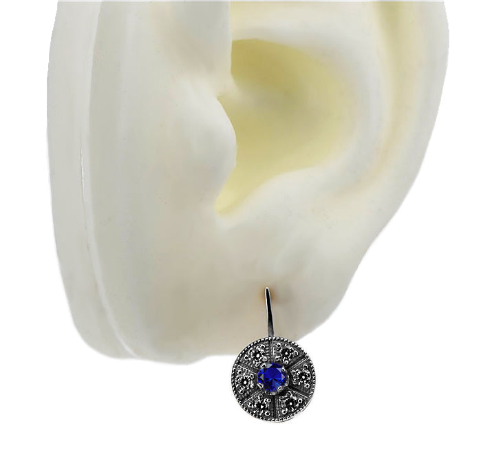 Vintage Sapphire Earrings in 14K White Gold (vec161w-sp) — close-up of the stone and setting