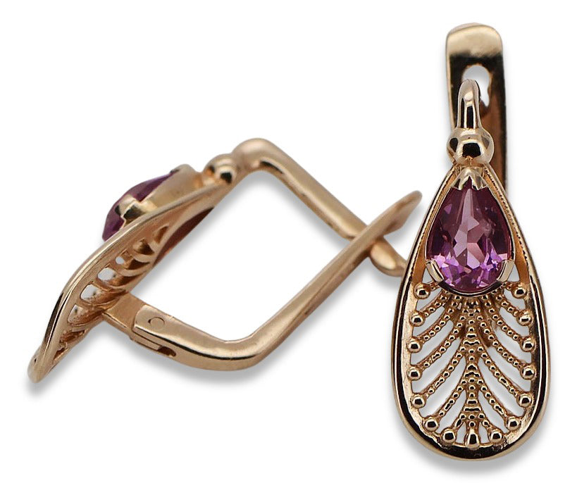 Vintage Amethyst Earrings in 14K Rose Gold (vec067r-am) — side view showing the setting