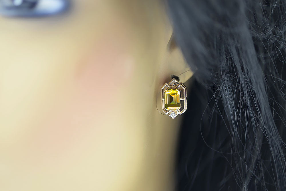 Vintage Yellow Peridot Diamonds Craft Earrings in 14K Rose Gold (vec020r-yp) — worn on the neckline, showing the drape