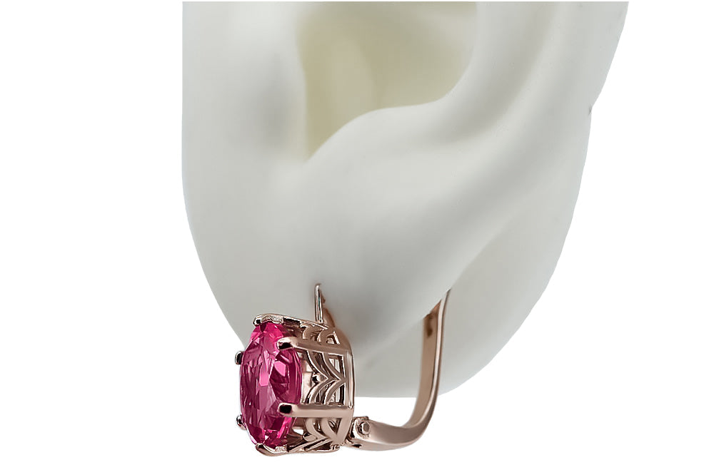 Vintage Ruby Earrings in 14K Rose Gold (vec003r-rb) — close-up of the stone and setting