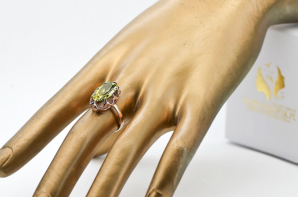 Vintage Yellow Peridot Craft Ring in 14K Rose Gold (vrc253r-yp) — worn on the hand, showing profile