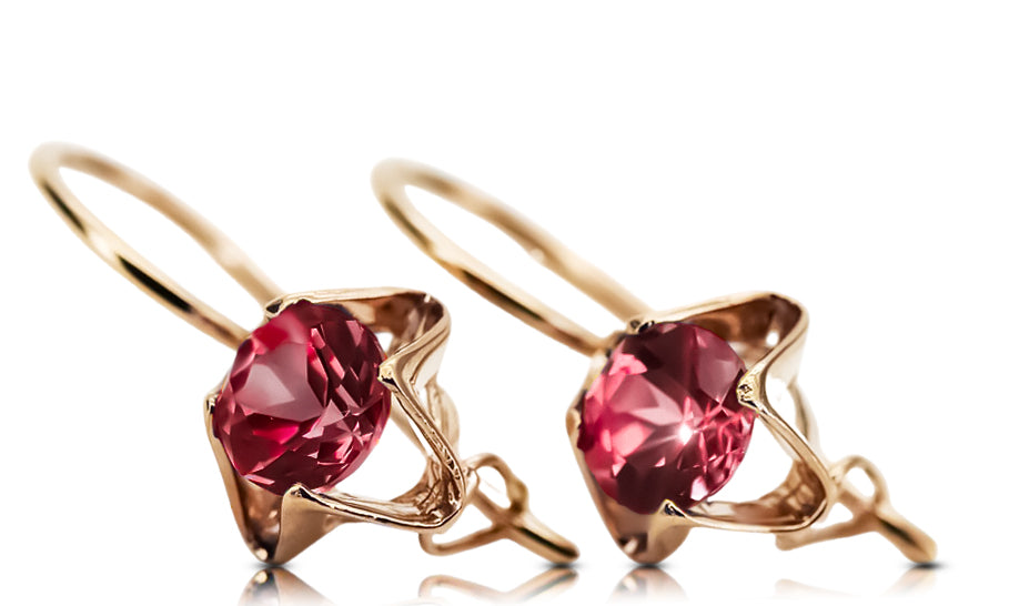 Vintage Ruby Earrings in 14K Rose Gold (vec142r-rb) — worn on the neckline, showing the drape
