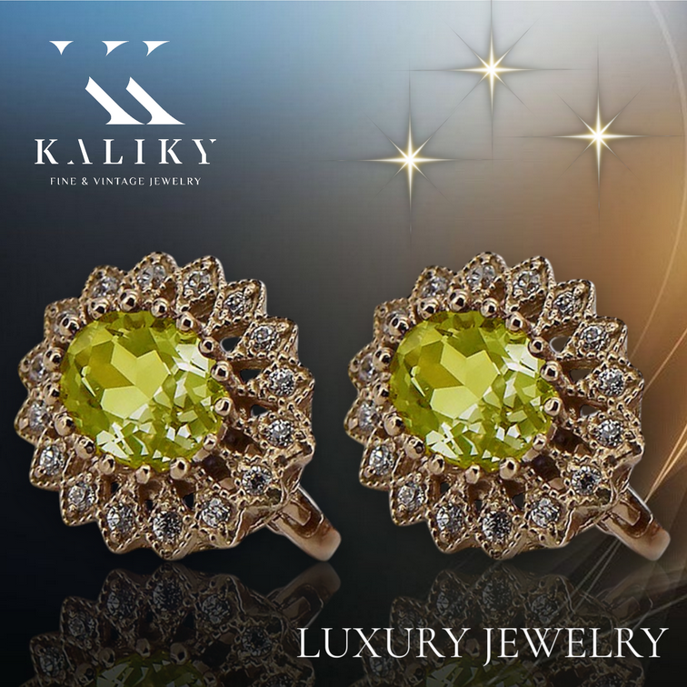 Vintage Yellow Peridot Earrings in 14K Rose Gold (vec125r-yp) — full view of the piece