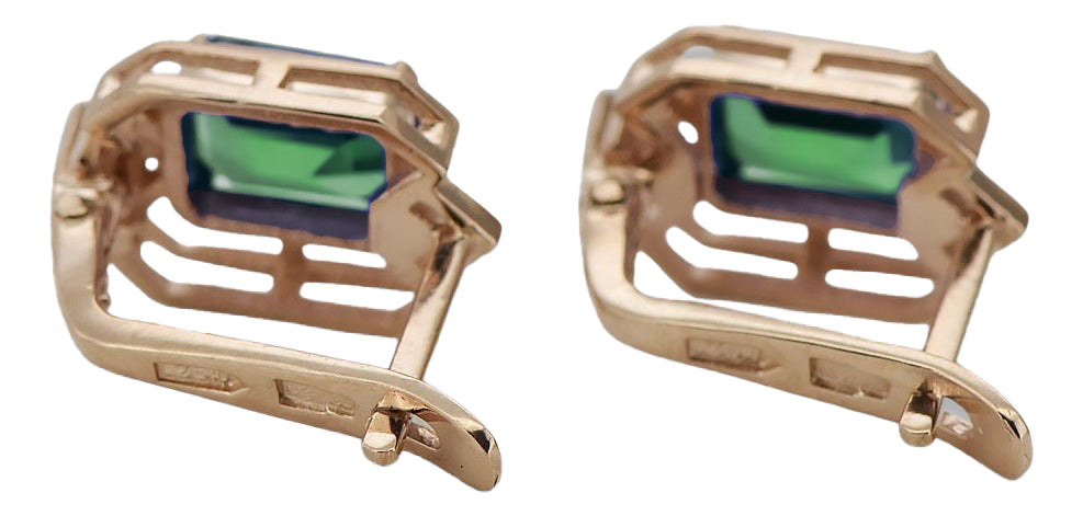 Vintage Emerald Diamonds Craft Earrings in 14K Rose Gold (vec020r-em) — worn on the neckline, showing the drape