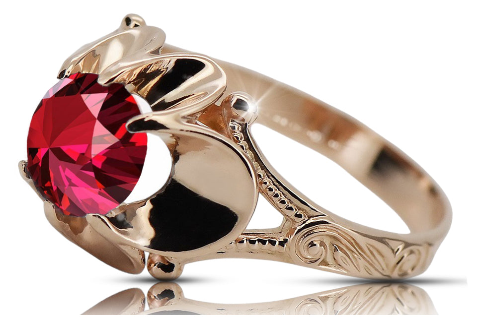 Vintage Ruby Ring in 14K Rose Gold (vrc377r-rb) — worn on the neckline, showing the drape