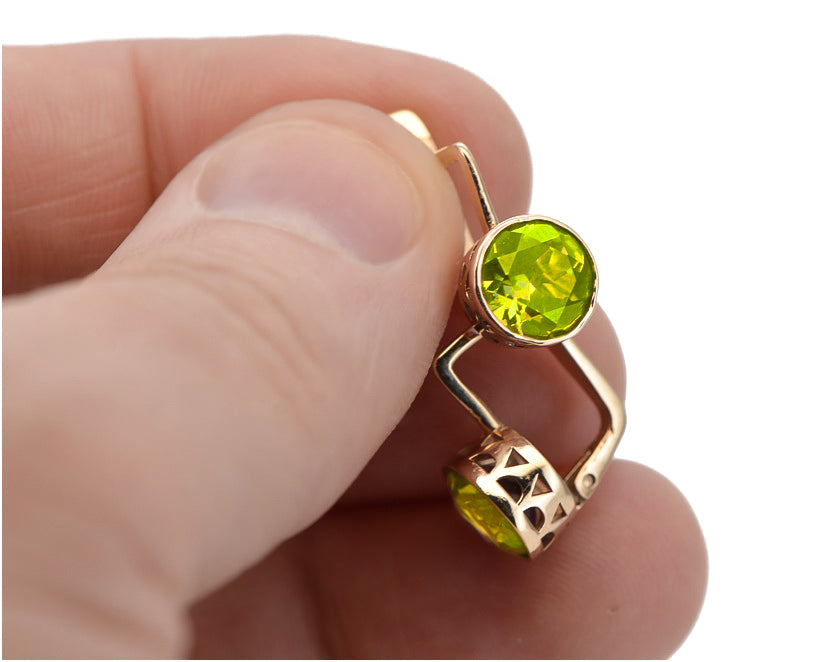Vintage Yellow Peridot Earrings in 14K Rose Gold (vec107r-yp) — worn on the neckline, showing the drape