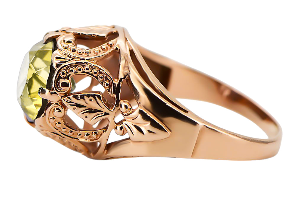 Vintage Yellow Peridot Ring in 14K Rose Gold (vrc080r-yp) — worn on the hand, showing profile