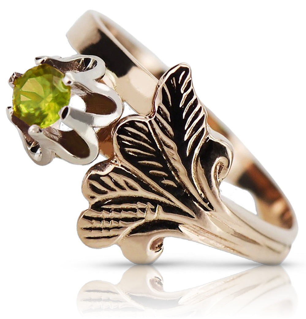 Vintage Yellow Peridot Ring in 14K Rose Gold (vrc169r-yp) — worn on the neckline, showing the drape
