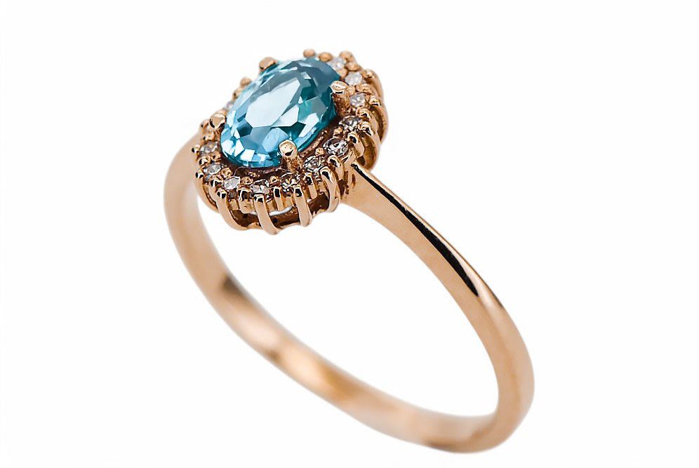 Vintage Aquamarine Craft Ring in 14K Rose Gold (crc009r-aq) — worn on the neckline, showing the drape