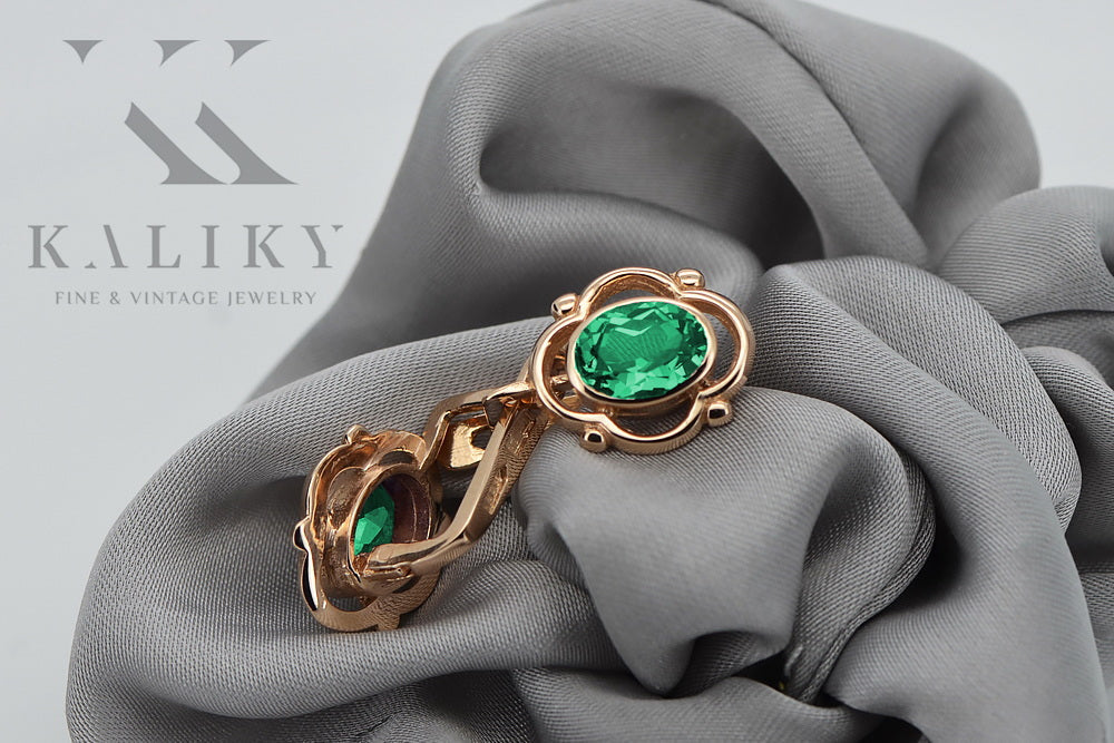 Vintage Emerald Earrings in 14K Rose Gold (vec033r-em) — angled view catching the light