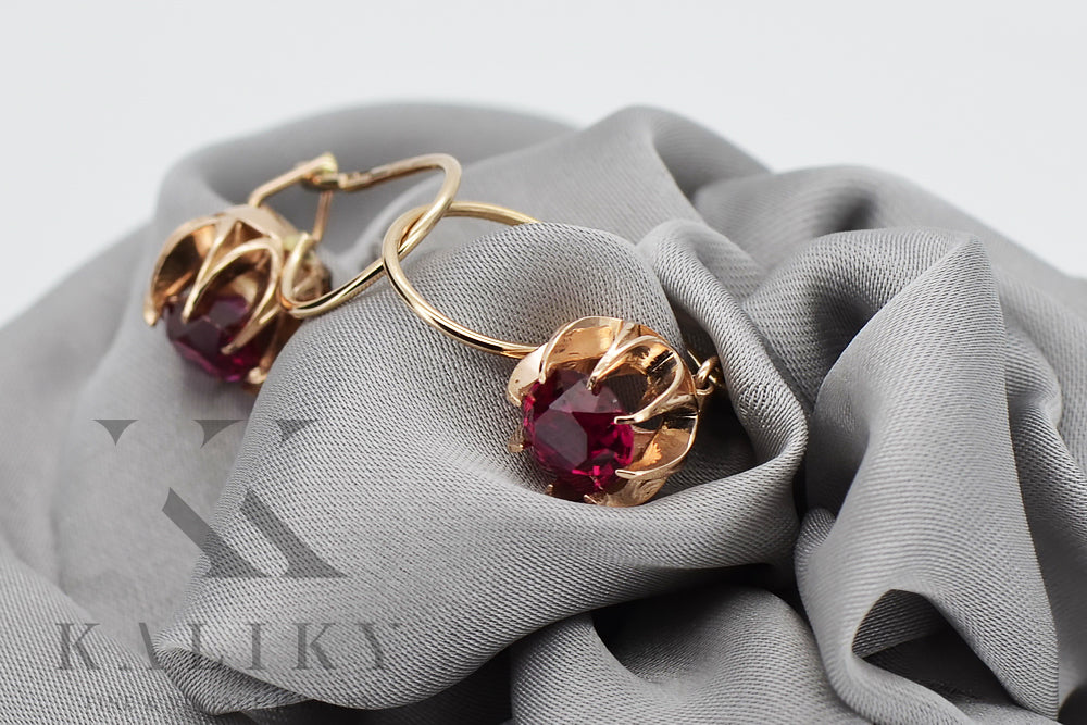 Vintage Ruby Earrings in 14K Rose Gold (vec062r-rb) — close-up of the hallmark on the inner band