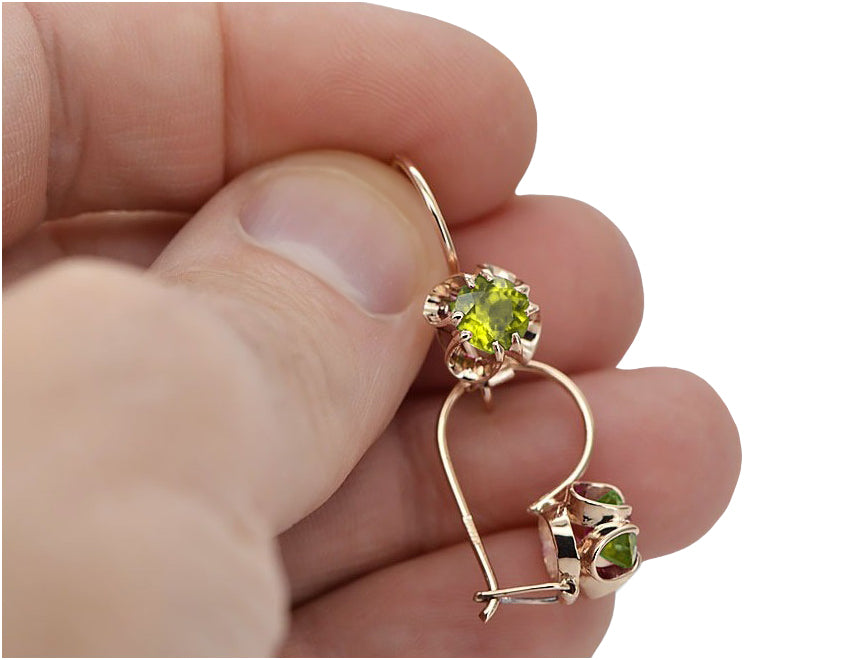 Vintage Yellow Peridot Earrings in 14K Rose Gold (vec035r-yp) — worn on the neckline, showing the drape