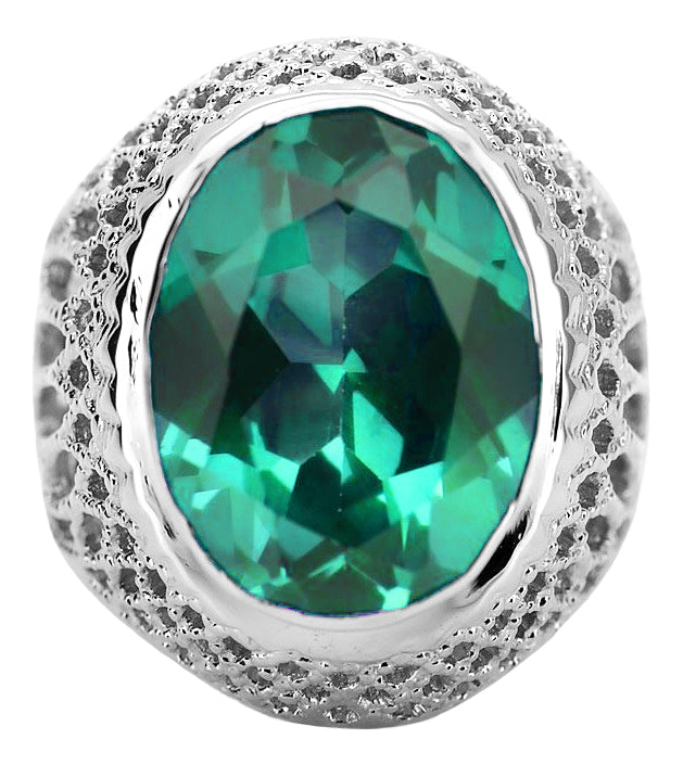 Vintage Emerald Ring in Sterling Silver (vrc089s-em) — close-up of the stone and setting