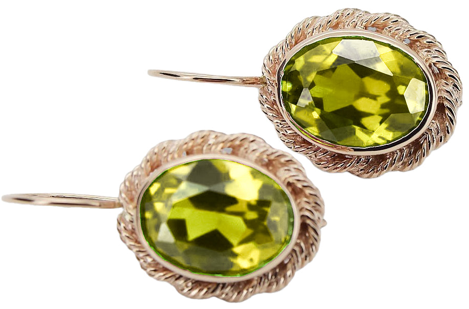 Vintage Yellow Peridot Earrings in 14K Rose Gold (vec007r-yp) — worn on the neckline, showing the drape