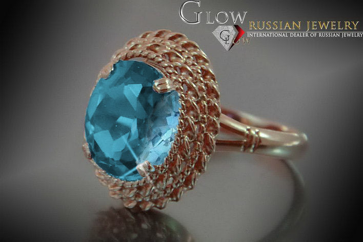 Vintage Aquamarine Ring in 14K Rose Gold (vrc068r-aq) — worn on the neckline, showing the drape