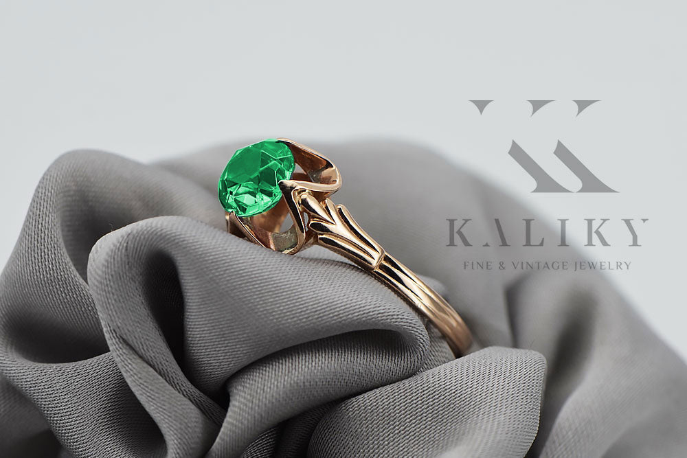 Vintage Emerald Ring in 14K Rose Gold (vrc023r-em) — worn on the neckline, showing the drape