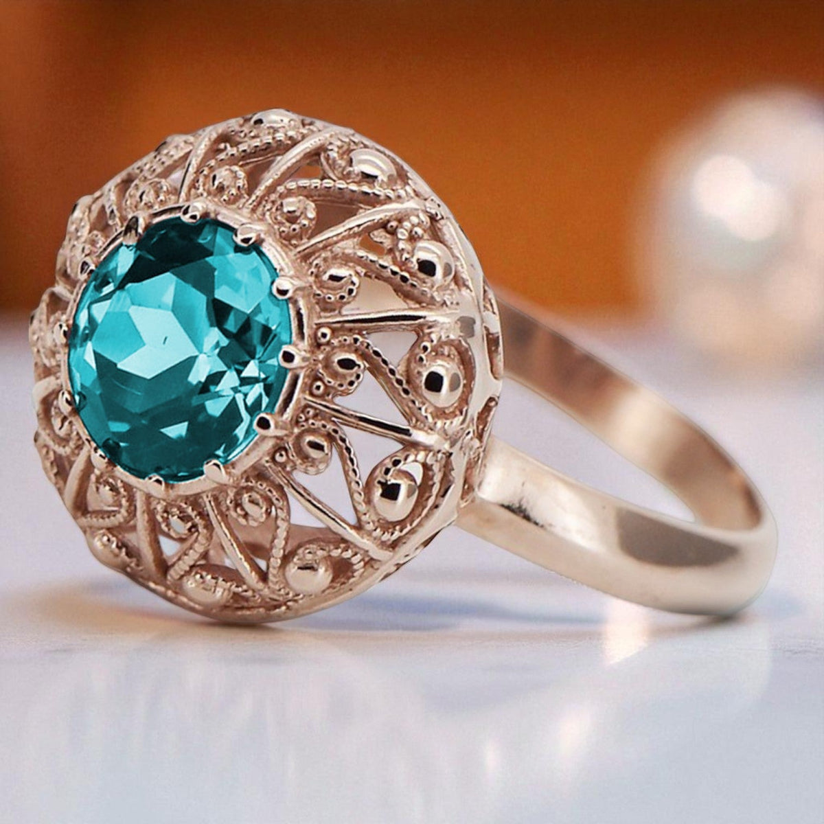 Vintage Aquamarine Ring in 14K Rose Gold (vrc059r-aq)