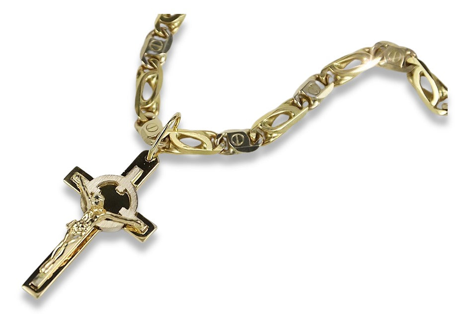 Vintage Catholic Cross Pendant in 14K Yellow & White Gold (ctc031yw) — worn on the neckline, showing the drape