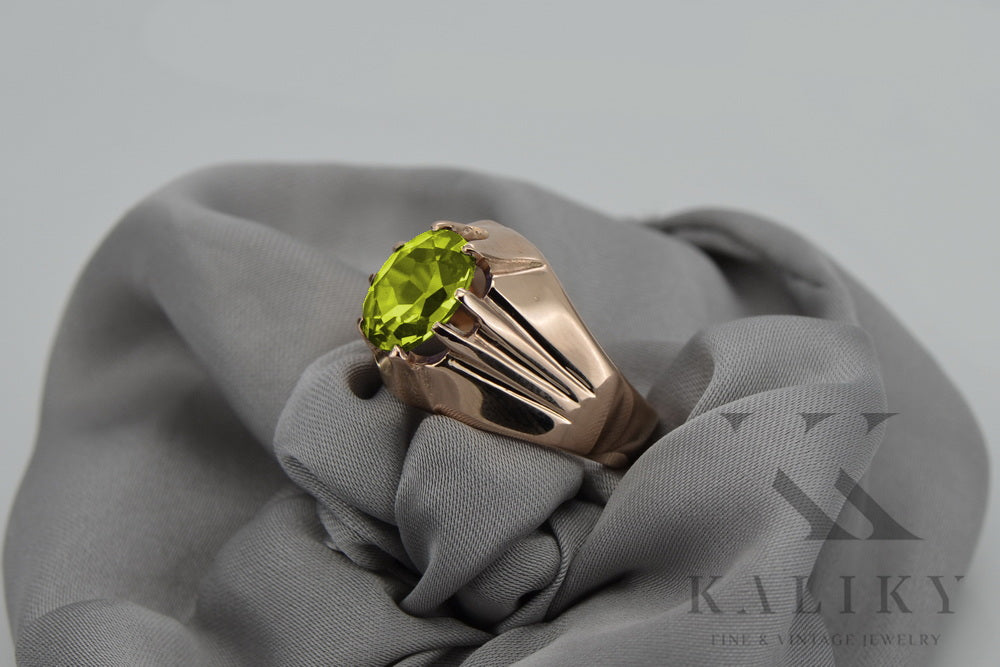 Vintage Yellow Peridot Ring in 14K Rose Gold (vrc016r-yp) — worn on the neckline, showing the drape