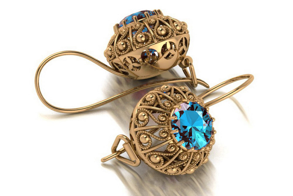 Vintage Aquamarine Earrings in 14K Rose Gold (vec002r-aq) — worn on the neckline, showing the drape