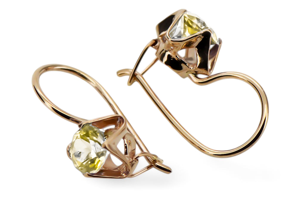 Vintage Yellow Peridot Earrings in 14K Rose Gold (vec142r-yp) — close-up of the stone and setting